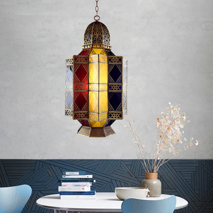 Colored Glass Brass Chandelier Lantern 3 Heads Arabian Hanging Pendant Light for Corridor Brass Clearhalo 'Ceiling Lights' 'Chandeliers' 'Glass shade' 'Glass' 'Pendant Lights' Lighting' 922427