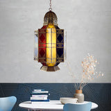 Colored Glass Brass Chandelier Lantern 3 Heads Arabian Hanging Pendant Light for Corridor Brass Clearhalo 'Ceiling Lights' 'Chandeliers' 'Glass shade' 'Glass' 'Pendant Lights' Lighting' 922427