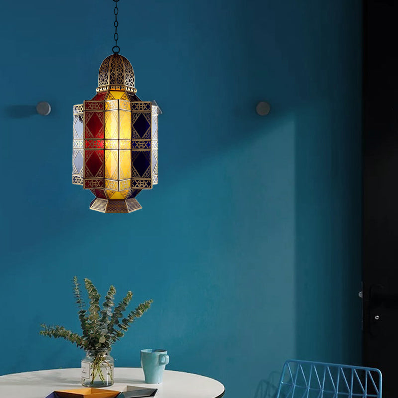Colored Glass Brass Chandelier Lantern 3 Heads Arabian Hanging Pendant Light for Corridor Clearhalo 'Ceiling Lights' 'Chandeliers' 'Glass shade' 'Glass' 'Pendant Lights' Lighting' 922429