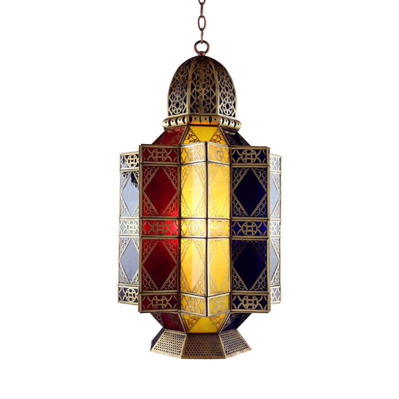 Colored Glass Brass Chandelier Lantern 3 Heads Arabian Hanging Pendant Light for Corridor Clearhalo 'Ceiling Lights' 'Chandeliers' 'Glass shade' 'Glass' 'Pendant Lights' Lighting' 922430