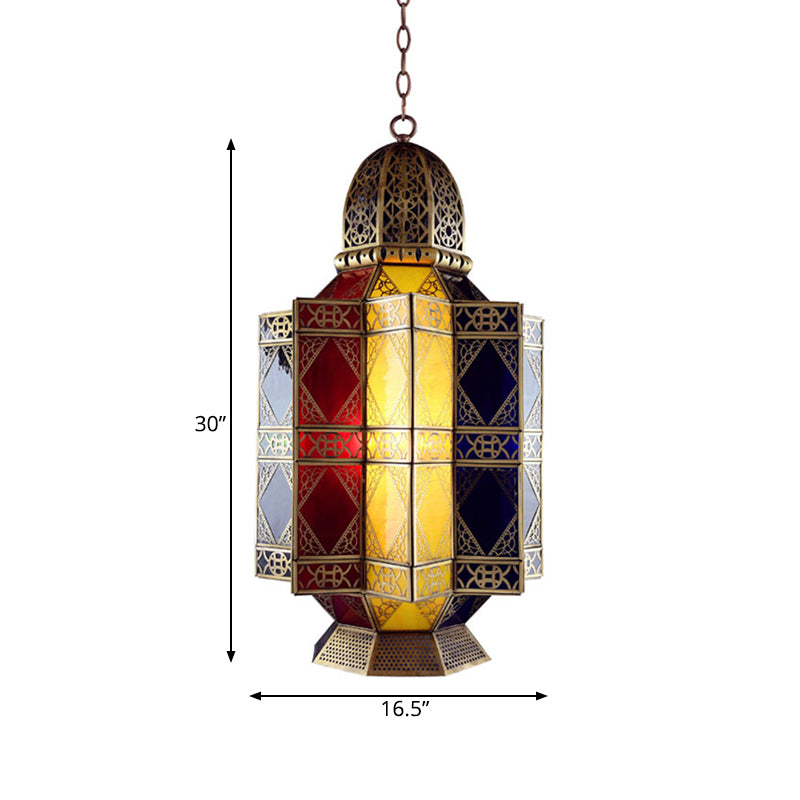 Colored Glass Brass Chandelier Lantern 3 Heads Arabian Hanging Pendant Light for Corridor Clearhalo 'Ceiling Lights' 'Chandeliers' 'Glass shade' 'Glass' 'Pendant Lights' Lighting' 922431