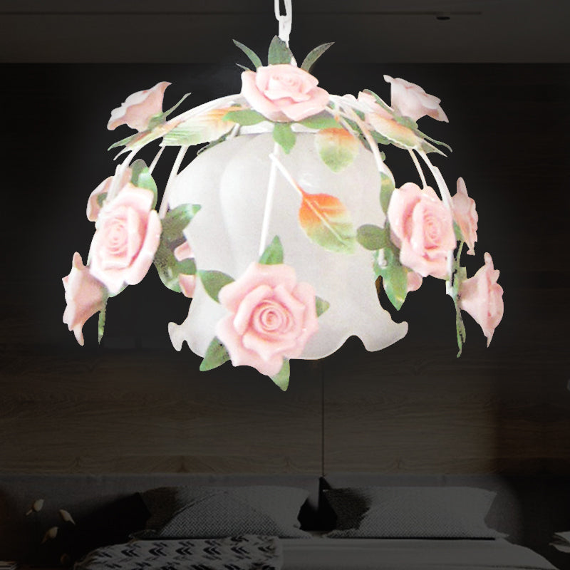 White Glass Flower Pendant Lamp Romantic Pastoral 1 Bulb Restaurant Suspension Light White Clearhalo 'Ceiling Lights' 'Chandeliers' 'Glass shade' 'Glass' 'Pendant Lights' 'Pendants' Lighting' 922521