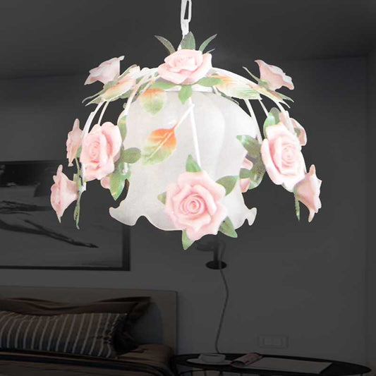 White Glass Flower Pendant Lamp Romantic Pastoral 1 Bulb Restaurant Suspension Light Clearhalo 'Ceiling Lights' 'Chandeliers' 'Glass shade' 'Glass' 'Pendant Lights' 'Pendants' Lighting' 922523