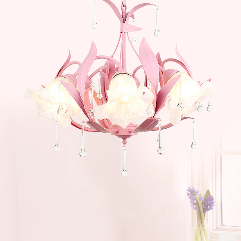 Opal Glass Blossom Chandelier Korean Garden 3/6 Bulbs Living Room Pendant in Pink/Blue/Green with Draping 6 Pink Clearhalo 'Ceiling Lights' 'Chandeliers' 'Glass shade' 'Glass' Lighting' 922526