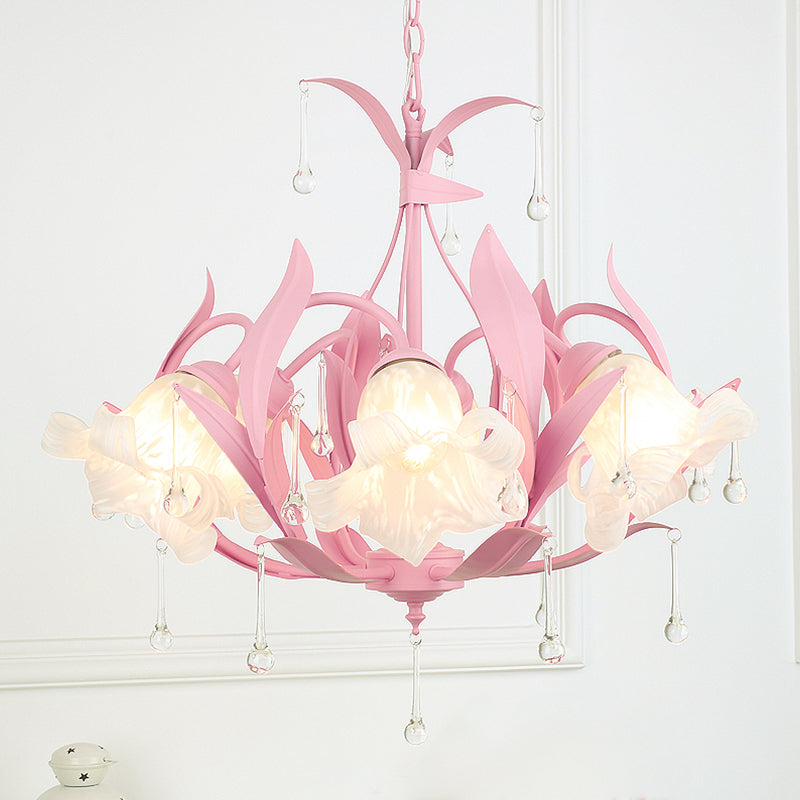 Opal Glass Blossom Chandelier Korean Garden 3/6 Bulbs Living Room Pendant in Pink/Blue/Green with Draping Clearhalo 'Ceiling Lights' 'Chandeliers' 'Glass shade' 'Glass' Lighting' 922527