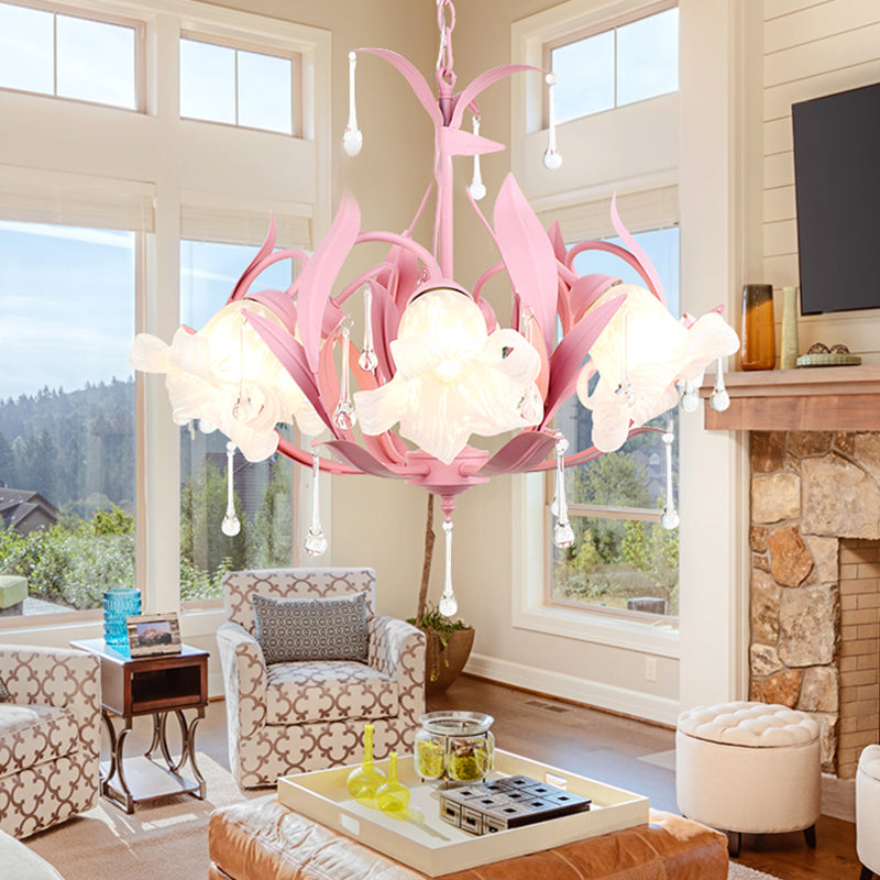 Opal Glass Blossom Chandelier Korean Garden 3/6 Bulbs Living Room Pendant in Pink/Blue/Green with Draping Clearhalo 'Ceiling Lights' 'Chandeliers' 'Glass shade' 'Glass' Lighting' 922528