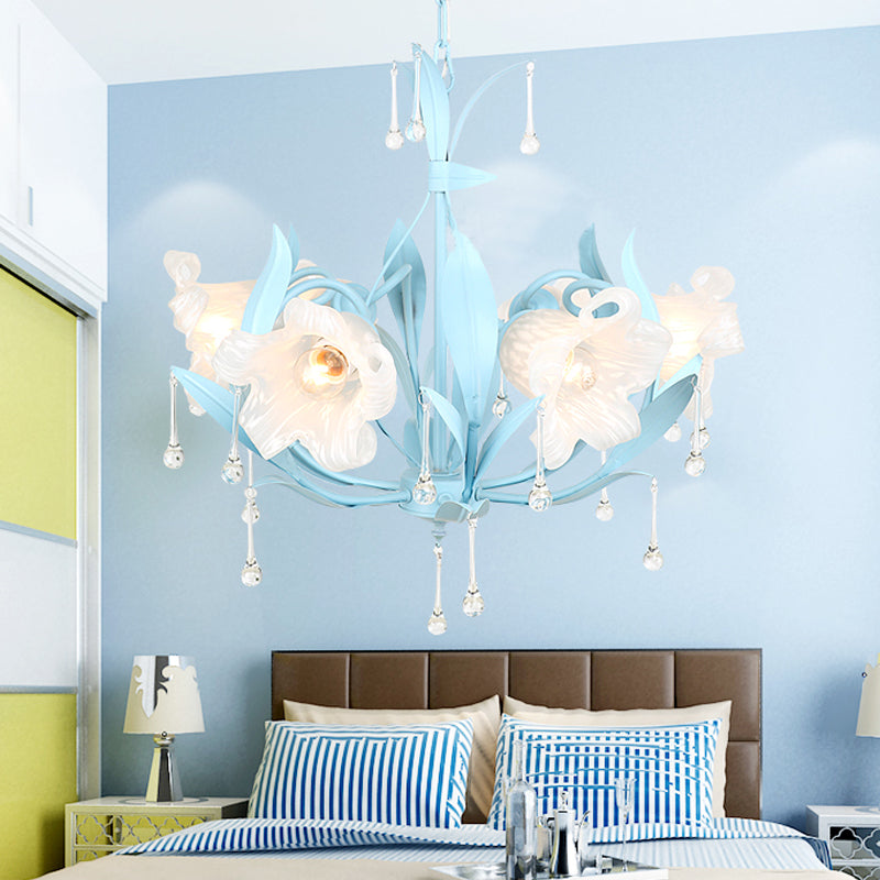 Opal Glass Blossom Chandelier Korean Garden 3/6 Bulbs Living Room Pendant in Pink/Blue/Green with Draping 6 Blue Clearhalo 'Ceiling Lights' 'Chandeliers' 'Glass shade' 'Glass' Lighting' 922531