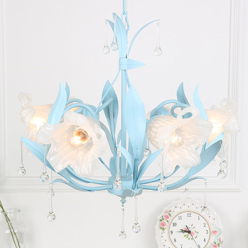Opal Glass Blossom Chandelier Korean Garden 3/6 Bulbs Living Room Pendant in Pink/Blue/Green with Draping Clearhalo 'Ceiling Lights' 'Chandeliers' 'Glass shade' 'Glass' Lighting' 922532