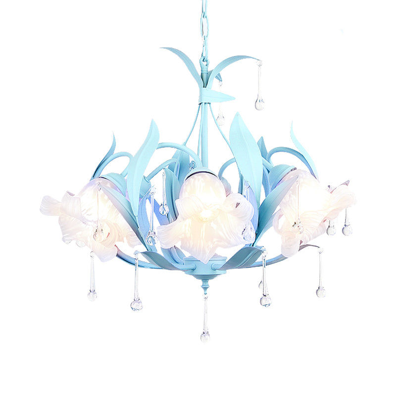 Opal Glass Blossom Chandelier Korean Garden 3/6 Bulbs Living Room Pendant in Pink/Blue/Green with Draping Clearhalo 'Ceiling Lights' 'Chandeliers' 'Glass shade' 'Glass' Lighting' 922533