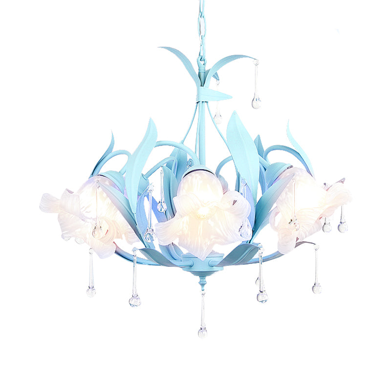 Opal Glass Blossom Chandelier Korean Garden 3/6 Bulbs Living Room Pendant in Pink/Blue/Green with Draping Clearhalo 'Ceiling Lights' 'Chandeliers' 'Glass shade' 'Glass' Lighting' 922533