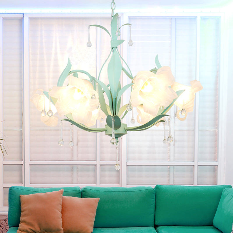Opal Glass Blossom Chandelier Korean Garden 3/6 Bulbs Living Room Pendant in Pink/Blue/Green with Draping 6 Green Clearhalo 'Ceiling Lights' 'Chandeliers' 'Glass shade' 'Glass' Lighting' 922534
