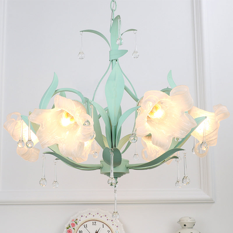 Opal Glass Blossom Chandelier Korean Garden 3/6 Bulbs Living Room Pendant in Pink/Blue/Green with Draping Clearhalo 'Ceiling Lights' 'Chandeliers' 'Glass shade' 'Glass' Lighting' 922535