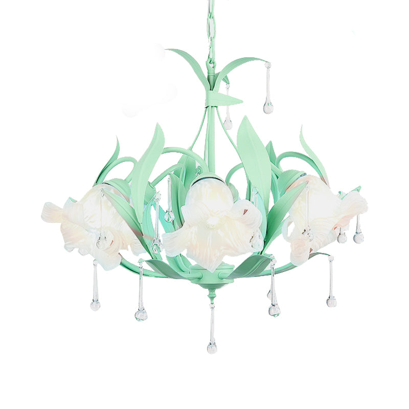 Opal Glass Blossom Chandelier Korean Garden 3/6 Bulbs Living Room Pendant in Pink/Blue/Green with Draping Clearhalo 'Ceiling Lights' 'Chandeliers' 'Glass shade' 'Glass' Lighting' 922536
