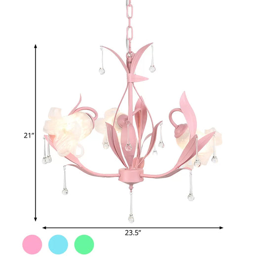 Opal Glass Blossom Chandelier Korean Garden 3/6 Bulbs Living Room Pendant in Pink/Blue/Green with Draping Clearhalo 'Ceiling Lights' 'Chandeliers' 'Glass shade' 'Glass' Lighting' 922539