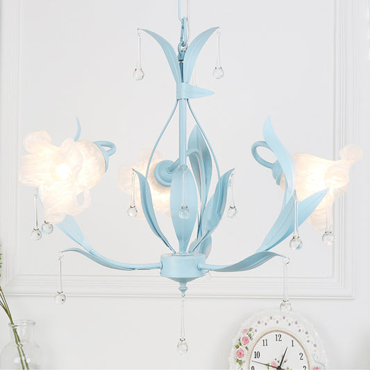 Opal Glass Blossom Chandelier Korean Garden 3/6 Bulbs Living Room Pendant in Pink/Blue/Green with Draping 3 Blue Clearhalo 'Ceiling Lights' 'Chandeliers' 'Glass shade' 'Glass' Lighting' 922540
