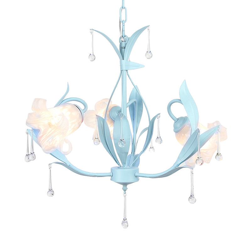 Opal Glass Blossom Chandelier Korean Garden 3/6 Bulbs Living Room Pendant in Pink/Blue/Green with Draping Clearhalo 'Ceiling Lights' 'Chandeliers' 'Glass shade' 'Glass' Lighting' 922541