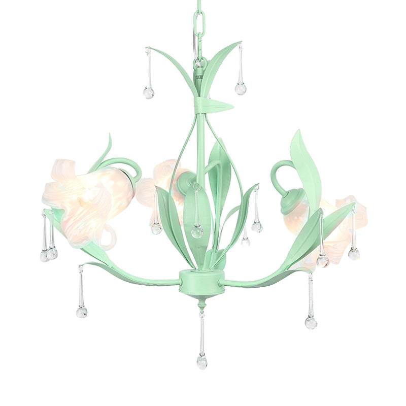 Opal Glass Blossom Chandelier Korean Garden 3/6 Bulbs Living Room Pendant in Pink/Blue/Green with Draping Clearhalo 'Ceiling Lights' 'Chandeliers' 'Glass shade' 'Glass' Lighting' 922543