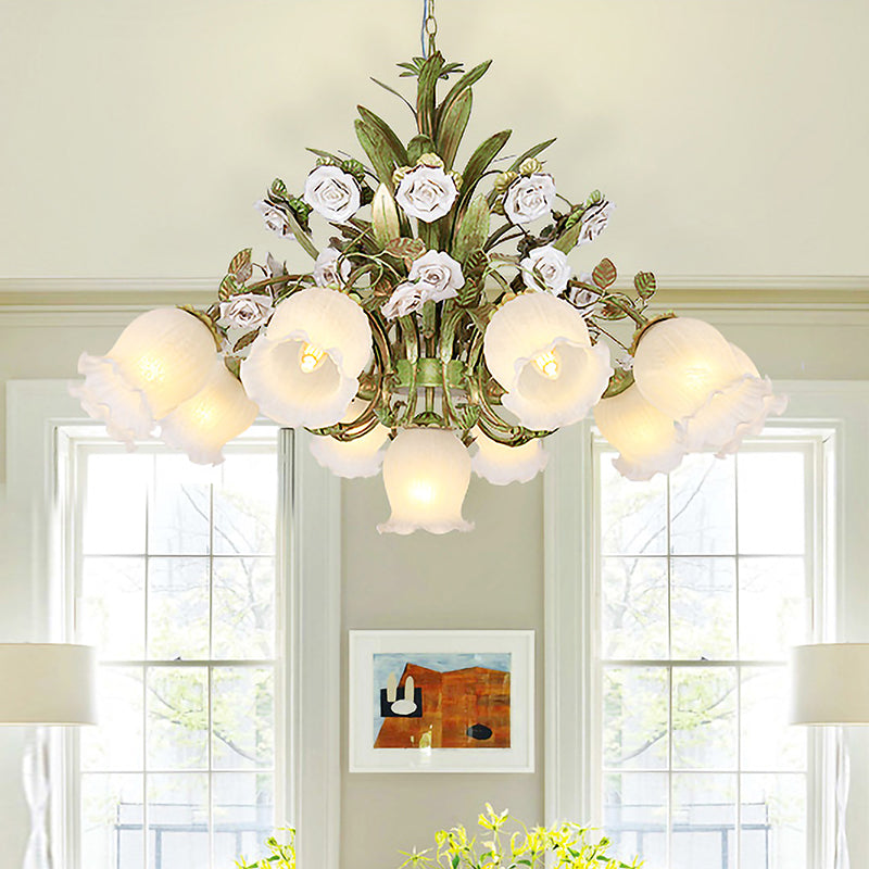 Cream Glass Green Chandelier Lighting Flower 4/7/9 Bulbs Romantic Pastoral Drop Pendant for Living Room Clearhalo 'Ceiling Lights' 'Chandeliers' 'Close To Ceiling Lights' 'Glass shade' 'Glass' Lighting' 922545