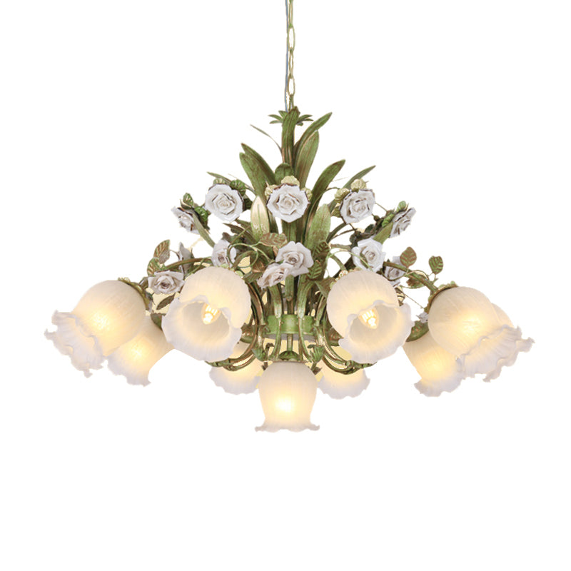 Cream Glass Green Chandelier Lighting Flower 4/7/9 Bulbs Romantic Pastoral Drop Pendant for Living Room Clearhalo 'Ceiling Lights' 'Chandeliers' 'Close To Ceiling Lights' 'Glass shade' 'Glass' Lighting' 922546