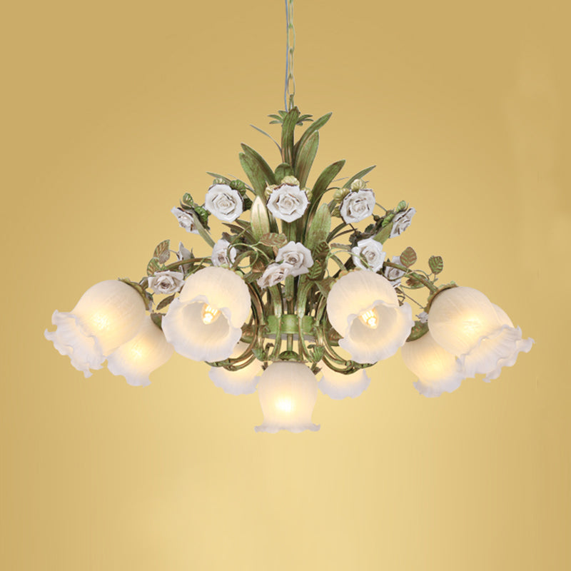 Cream Glass Green Chandelier Lighting Flower 4/7/9 Bulbs Romantic Pastoral Drop Pendant for Living Room Clearhalo 'Ceiling Lights' 'Chandeliers' 'Close To Ceiling Lights' 'Glass shade' 'Glass' Lighting' 922547