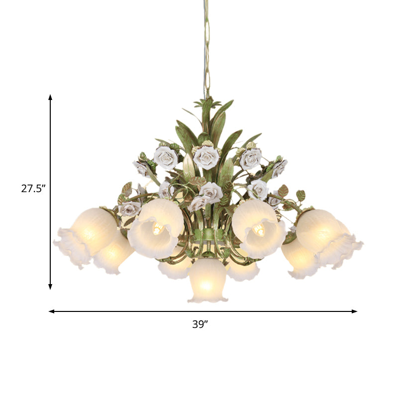 Cream Glass Green Chandelier Lighting Flower 4/7/9 Bulbs Romantic Pastoral Drop Pendant for Living Room Clearhalo 'Ceiling Lights' 'Chandeliers' 'Close To Ceiling Lights' 'Glass shade' 'Glass' Lighting' 922548