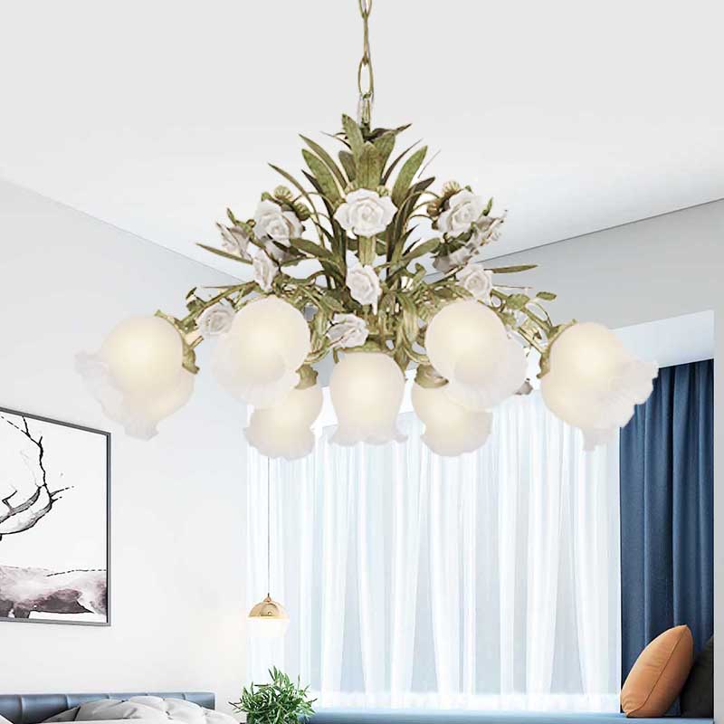 Cream Glass Green Chandelier Lighting Flower 4/7/9 Bulbs Romantic Pastoral Drop Pendant for Living Room 9 Green Clearhalo 'Ceiling Lights' 'Chandeliers' 'Close To Ceiling Lights' 'Glass shade' 'Glass' Lighting' 922549