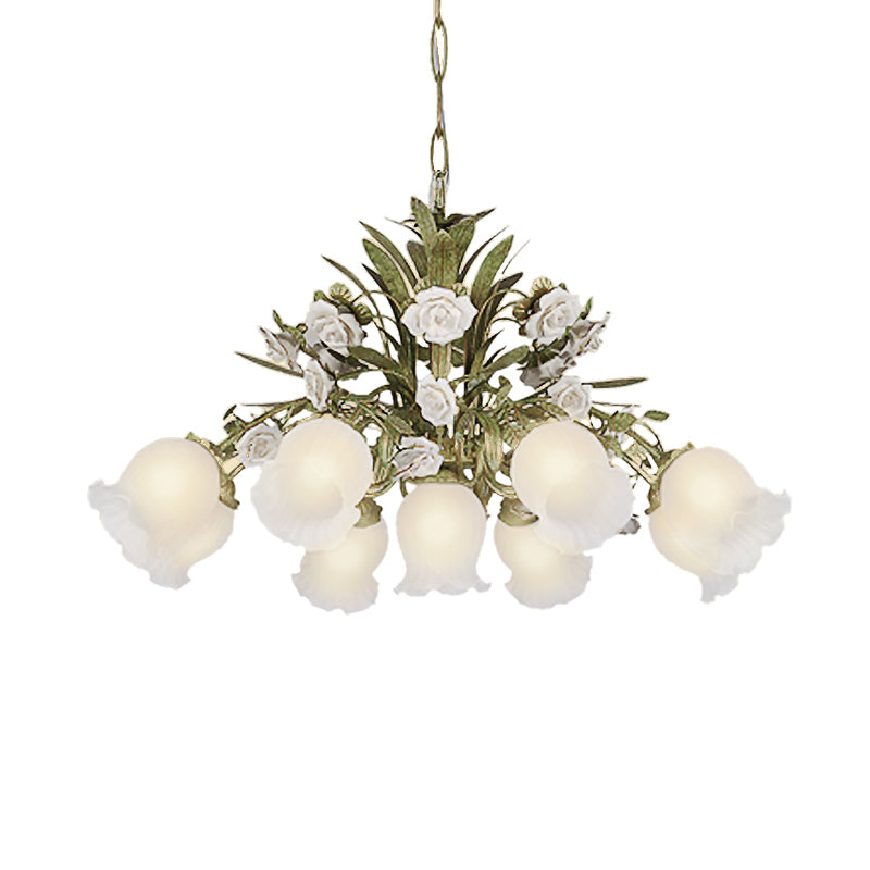 Cream Glass Green Chandelier Lighting Flower 4/7/9 Bulbs Romantic Pastoral Drop Pendant for Living Room Clearhalo 'Ceiling Lights' 'Chandeliers' 'Close To Ceiling Lights' 'Glass shade' 'Glass' Lighting' 922550