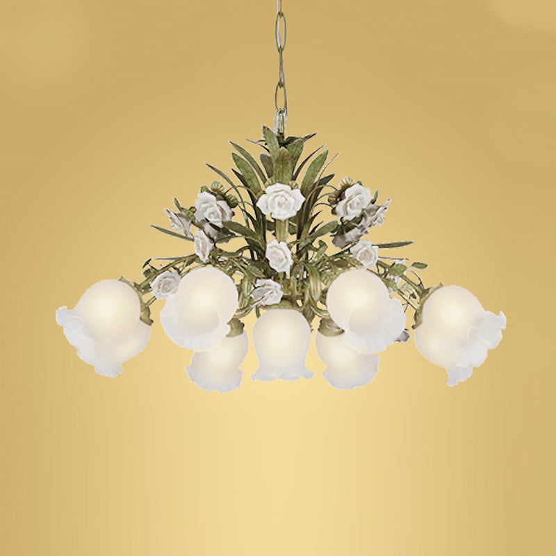 Cream Glass Green Chandelier Lighting Flower 4/7/9 Bulbs Romantic Pastoral Drop Pendant for Living Room Clearhalo 'Ceiling Lights' 'Chandeliers' 'Close To Ceiling Lights' 'Glass shade' 'Glass' Lighting' 922551