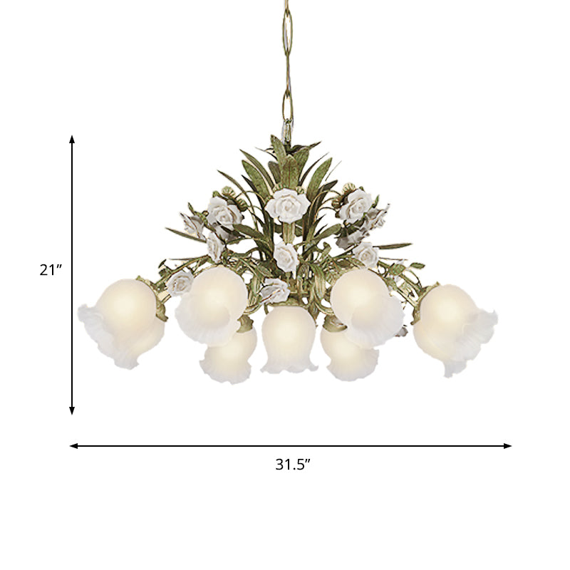 Cream Glass Green Chandelier Lighting Flower 4/7/9 Bulbs Romantic Pastoral Drop Pendant for Living Room Clearhalo 'Ceiling Lights' 'Chandeliers' 'Close To Ceiling Lights' 'Glass shade' 'Glass' Lighting' 922552