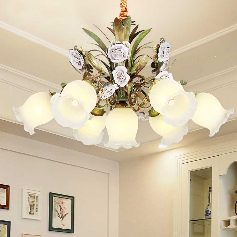 Cream Glass Green Chandelier Lighting Flower 4/7/9 Bulbs Romantic Pastoral Drop Pendant for Living Room 7 Green Clearhalo 'Ceiling Lights' 'Chandeliers' 'Close To Ceiling Lights' 'Glass shade' 'Glass' Lighting' 922553