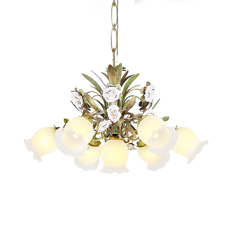 Cream Glass Green Chandelier Lighting Flower 4/7/9 Bulbs Romantic Pastoral Drop Pendant for Living Room Clearhalo 'Ceiling Lights' 'Chandeliers' 'Close To Ceiling Lights' 'Glass shade' 'Glass' Lighting' 922554