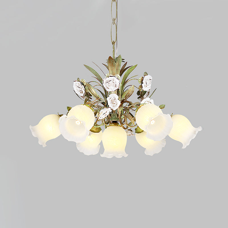 Cream Glass Green Chandelier Lighting Flower 4/7/9 Bulbs Romantic Pastoral Drop Pendant for Living Room Clearhalo 'Ceiling Lights' 'Chandeliers' 'Close To Ceiling Lights' 'Glass shade' 'Glass' Lighting' 922555