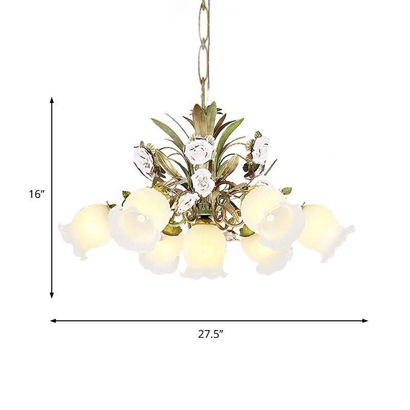 Cream Glass Green Chandelier Lighting Flower 4/7/9 Bulbs Romantic Pastoral Drop Pendant for Living Room Clearhalo 'Ceiling Lights' 'Chandeliers' 'Close To Ceiling Lights' 'Glass shade' 'Glass' Lighting' 922556