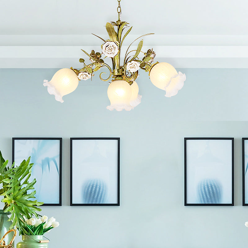 Cream Glass Green Chandelier Lighting Flower 4/7/9 Bulbs Romantic Pastoral Drop Pendant for Living Room 4 Green Clearhalo 'Ceiling Lights' 'Chandeliers' 'Close To Ceiling Lights' 'Glass shade' 'Glass' Lighting' 922557