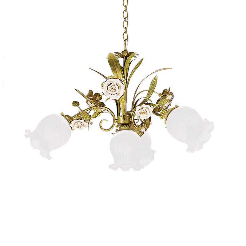 Cream Glass Green Chandelier Lighting Flower 4/7/9 Bulbs Romantic Pastoral Drop Pendant for Living Room Clearhalo 'Ceiling Lights' 'Chandeliers' 'Close To Ceiling Lights' 'Glass shade' 'Glass' Lighting' 922558