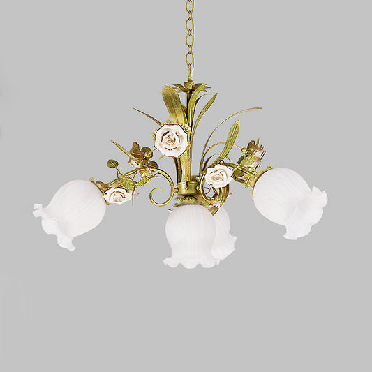 Cream Glass Green Chandelier Lighting Flower 4/7/9 Bulbs Romantic Pastoral Drop Pendant for Living Room Clearhalo 'Ceiling Lights' 'Chandeliers' 'Close To Ceiling Lights' 'Glass shade' 'Glass' Lighting' 922559