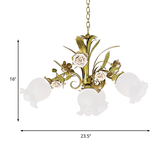 Cream Glass Green Chandelier Lighting Flower 4/7/9 Bulbs Romantic Pastoral Drop Pendant for Living Room Clearhalo 'Ceiling Lights' 'Chandeliers' 'Close To Ceiling Lights' 'Glass shade' 'Glass' Lighting' 922560