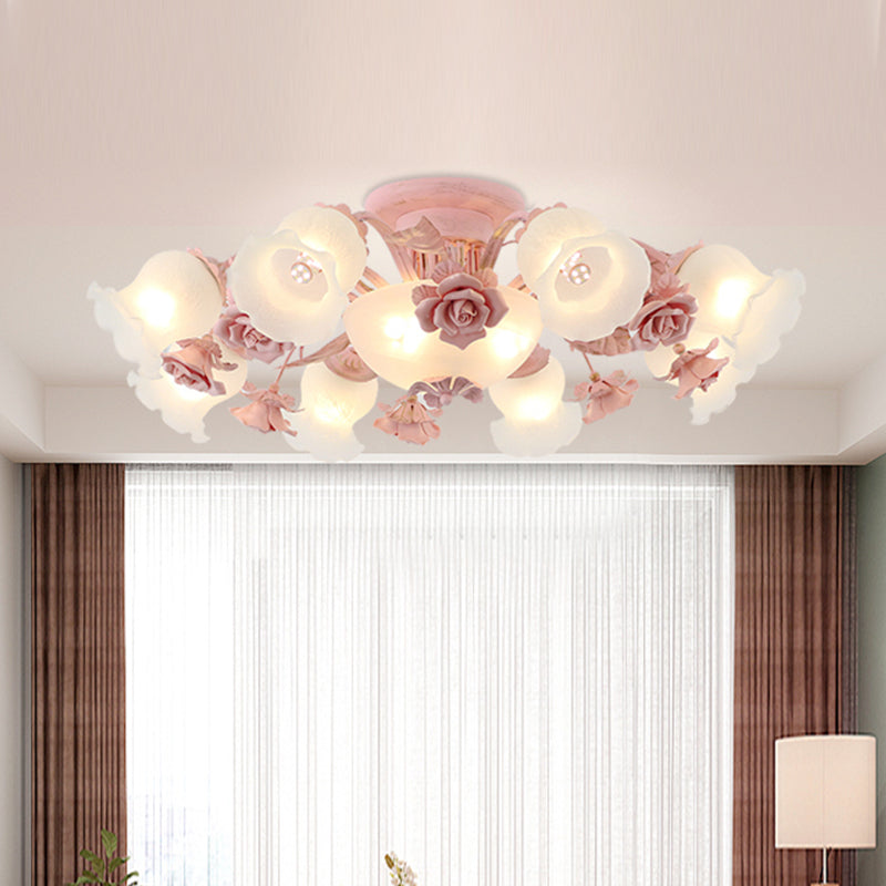 Korean Garden Floral Semi Flush 5/7/11 Lights Cream Glass Flush Mount Light Fixture in Pink/Blue for Bedroom Clearhalo 'Ceiling Lights' 'Close To Ceiling Lights' 'Close to ceiling' 'Glass shade' 'Glass' 'Semi-flushmount' Lighting' 922567