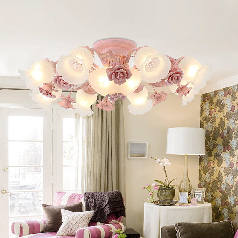 Korean Garden Floral Semi Flush 5/7/11 Lights Cream Glass Flush Mount Light Fixture in Pink/Blue for Bedroom Clearhalo 'Ceiling Lights' 'Close To Ceiling Lights' 'Close to ceiling' 'Glass shade' 'Glass' 'Semi-flushmount' Lighting' 922568
