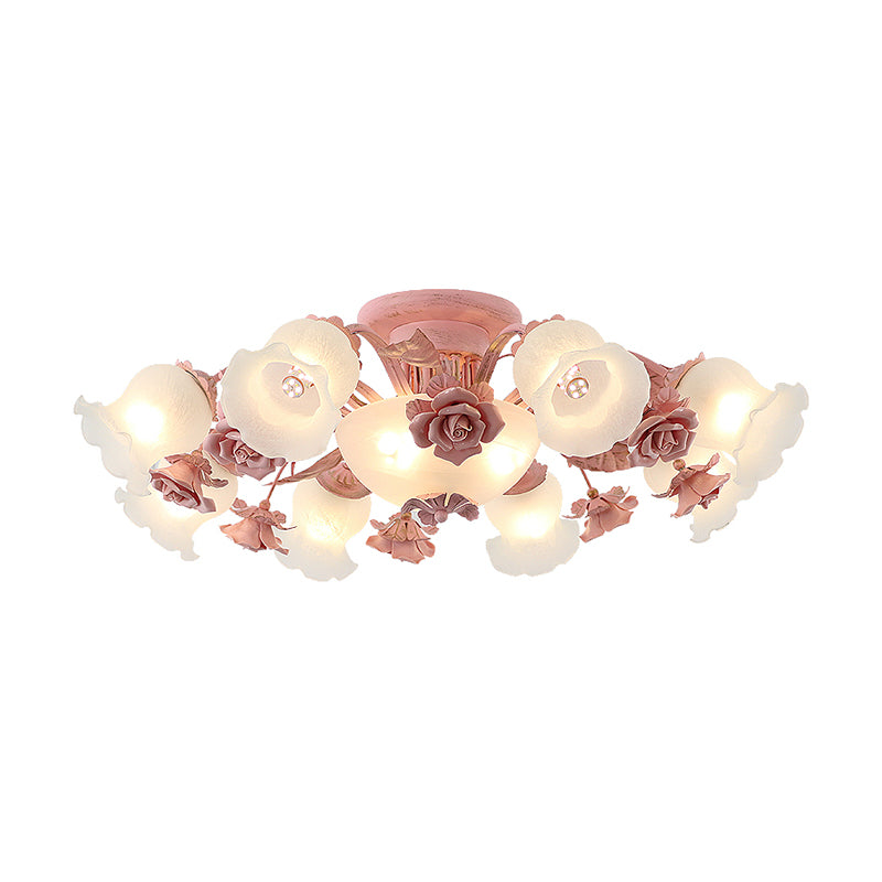 Korean Garden Floral Semi Flush 5/7/11 Lights Cream Glass Flush Mount Light Fixture in Pink/Blue for Bedroom Clearhalo 'Ceiling Lights' 'Close To Ceiling Lights' 'Close to ceiling' 'Glass shade' 'Glass' 'Semi-flushmount' Lighting' 922569