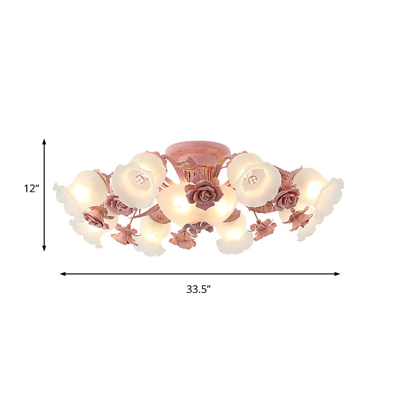 Korean Garden Floral Semi Flush 5/7/11 Lights Cream Glass Flush Mount Light Fixture in Pink/Blue for Bedroom Clearhalo 'Ceiling Lights' 'Close To Ceiling Lights' 'Close to ceiling' 'Glass shade' 'Glass' 'Semi-flushmount' Lighting' 922570