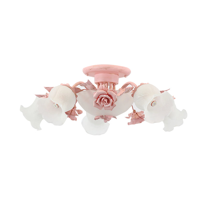Korean Garden Floral Semi Flush 5/7/11 Lights Cream Glass Flush Mount Light Fixture in Pink/Blue for Bedroom Clearhalo 'Ceiling Lights' 'Close To Ceiling Lights' 'Close to ceiling' 'Glass shade' 'Glass' 'Semi-flushmount' Lighting' 922572