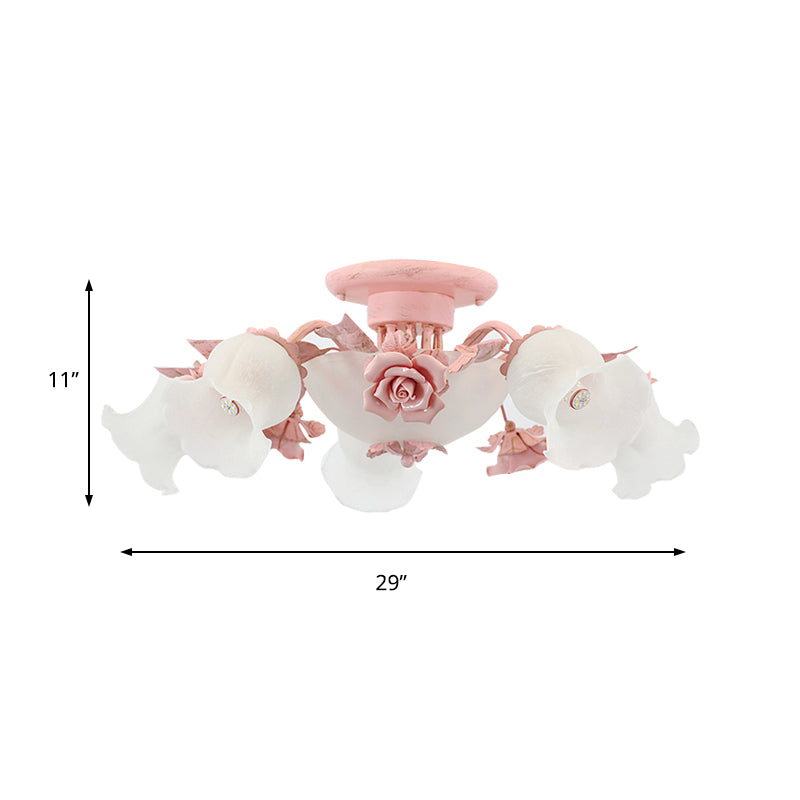 Korean Garden Floral Semi Flush 5/7/11 Lights Cream Glass Flush Mount Light Fixture in Pink/Blue for Bedroom Clearhalo 'Ceiling Lights' 'Close To Ceiling Lights' 'Close to ceiling' 'Glass shade' 'Glass' 'Semi-flushmount' Lighting' 922573