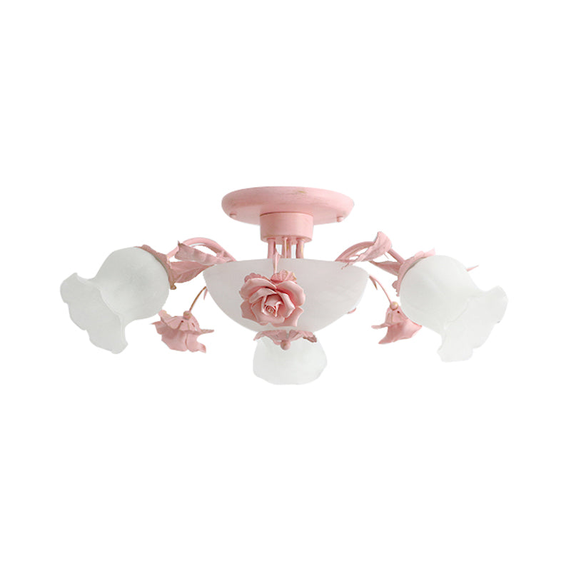Korean Garden Floral Semi Flush 5/7/11 Lights Cream Glass Flush Mount Light Fixture in Pink/Blue for Bedroom Clearhalo 'Ceiling Lights' 'Close To Ceiling Lights' 'Close to ceiling' 'Glass shade' 'Glass' 'Semi-flushmount' Lighting' 922575