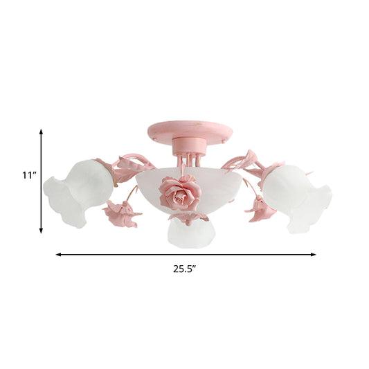 Korean Garden Floral Semi Flush 5/7/11 Lights Cream Glass Flush Mount Light Fixture in Pink/Blue for Bedroom Clearhalo 'Ceiling Lights' 'Close To Ceiling Lights' 'Close to ceiling' 'Glass shade' 'Glass' 'Semi-flushmount' Lighting' 922576