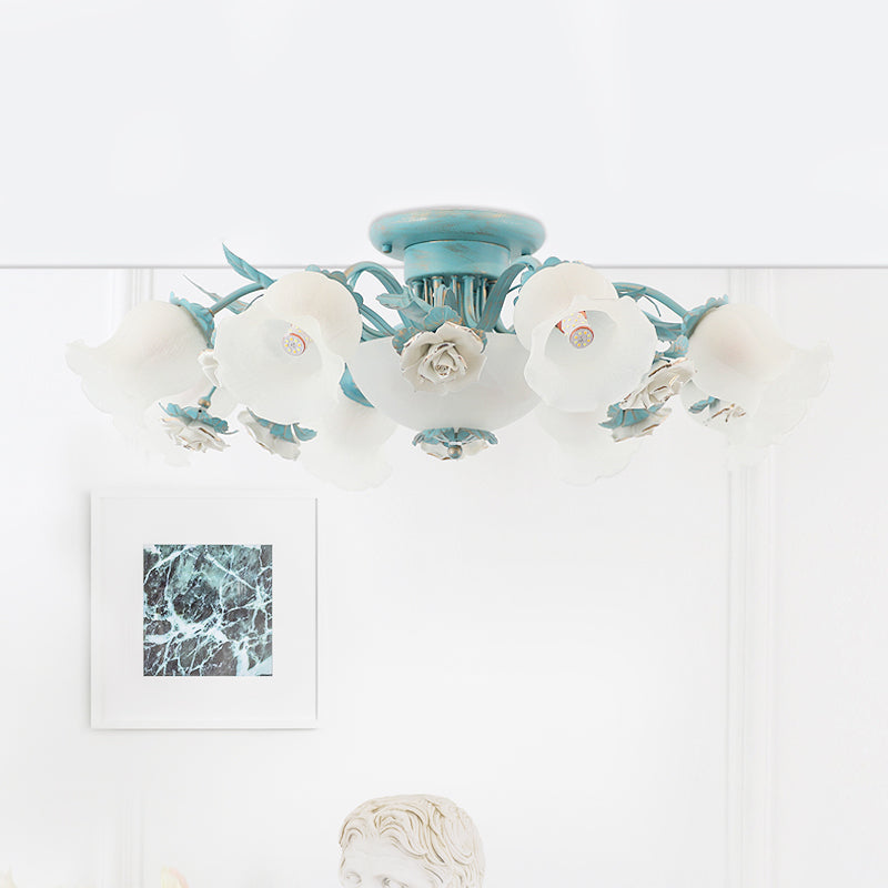 Korean Garden Floral Semi Flush 5/7/11 Lights Cream Glass Flush Mount Light Fixture in Pink/Blue for Bedroom 11 Blue Clearhalo 'Ceiling Lights' 'Close To Ceiling Lights' 'Close to ceiling' 'Glass shade' 'Glass' 'Semi-flushmount' Lighting' 922577