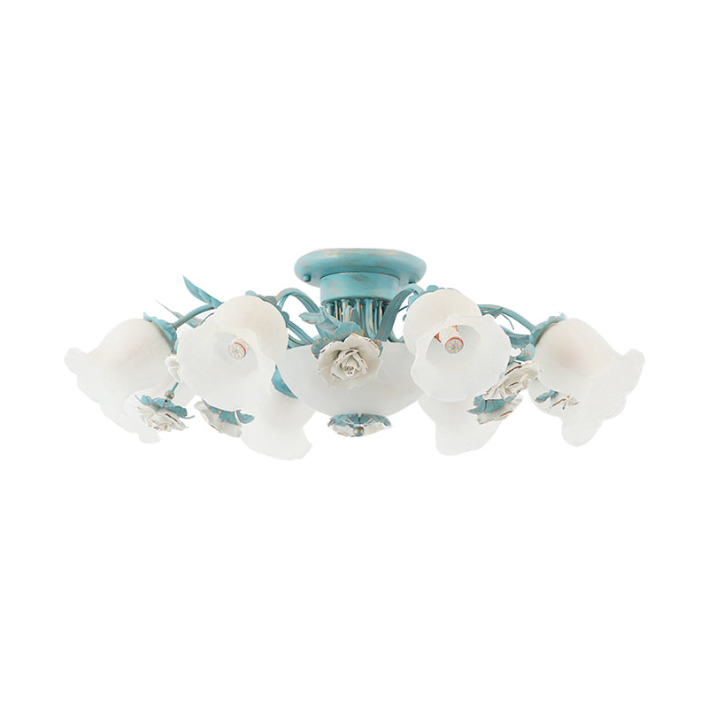 Korean Garden Floral Semi Flush 5/7/11 Lights Cream Glass Flush Mount Light Fixture in Pink/Blue for Bedroom Clearhalo 'Ceiling Lights' 'Close To Ceiling Lights' 'Close to ceiling' 'Glass shade' 'Glass' 'Semi-flushmount' Lighting' 922578