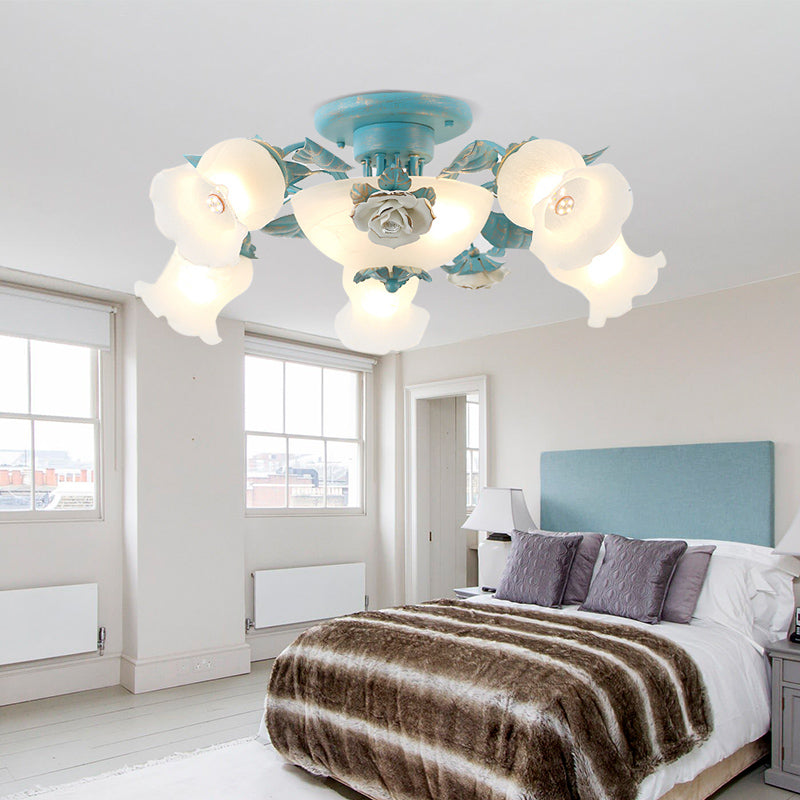 Korean Garden Floral Semi Flush 5/7/11 Lights Cream Glass Flush Mount Light Fixture in Pink/Blue for Bedroom 7 Blue Clearhalo 'Ceiling Lights' 'Close To Ceiling Lights' 'Close to ceiling' 'Glass shade' 'Glass' 'Semi-flushmount' Lighting' 922579