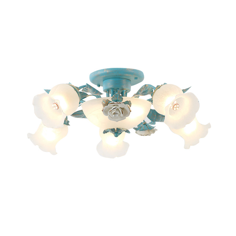 Korean Garden Floral Semi Flush 5/7/11 Lights Cream Glass Flush Mount Light Fixture in Pink/Blue for Bedroom Clearhalo 'Ceiling Lights' 'Close To Ceiling Lights' 'Close to ceiling' 'Glass shade' 'Glass' 'Semi-flushmount' Lighting' 922580