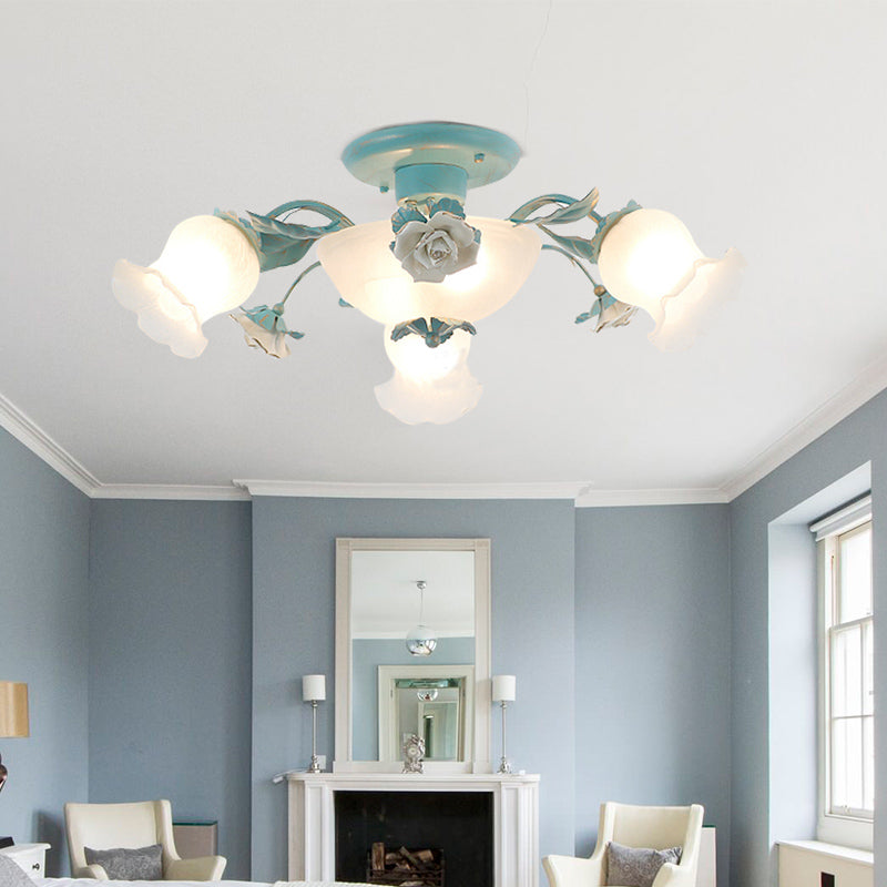 Korean Garden Floral Semi Flush 5/7/11 Lights Cream Glass Flush Mount Light Fixture in Pink/Blue for Bedroom 5 Blue Clearhalo 'Ceiling Lights' 'Close To Ceiling Lights' 'Close to ceiling' 'Glass shade' 'Glass' 'Semi-flushmount' Lighting' 922581